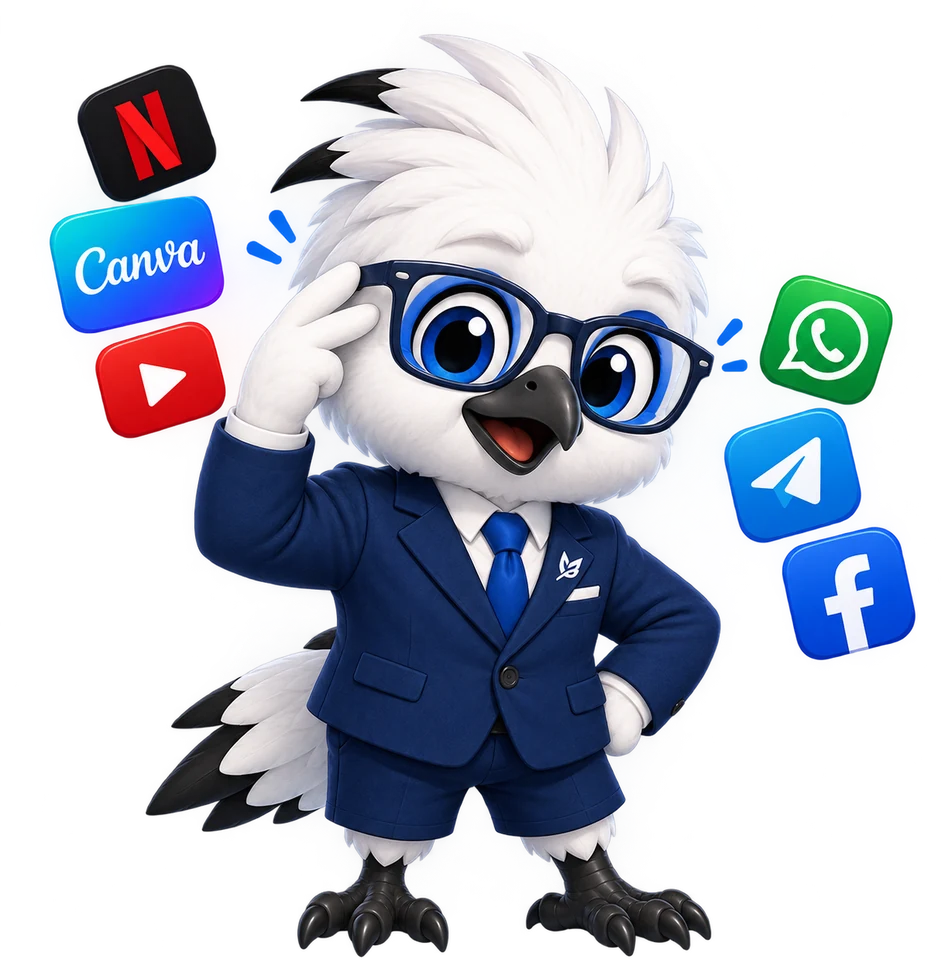 Maskot TokoGenz, kakatua putih berjas biru, dikelilingi ikon Netflix, Canva, YouTube, WhatsApp, Telegram, dan Facebook